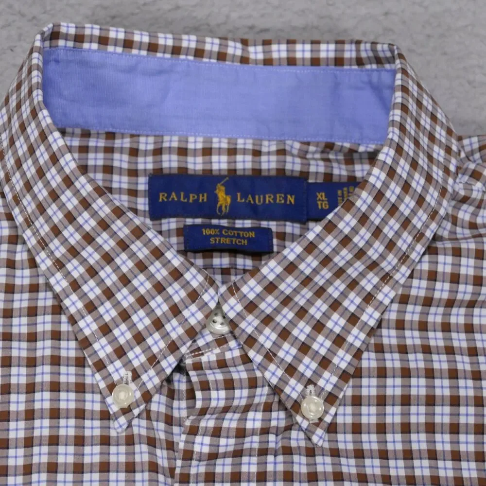 Polo ralph Lauren Shirt Mens XL Brown Blue Plaid Button Down Long Sleeve